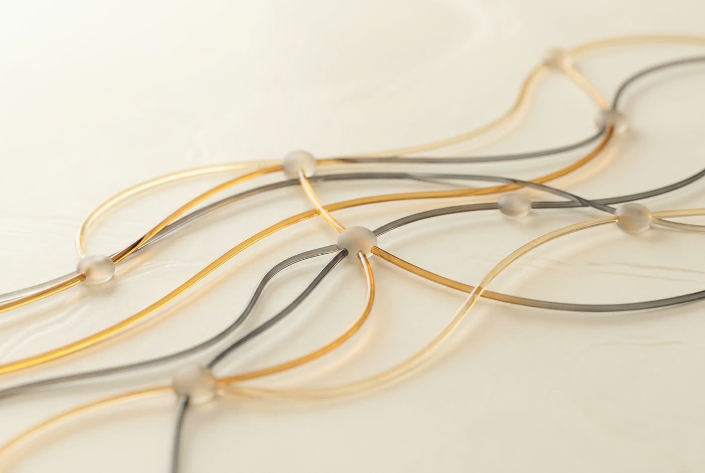 An abstract network of connected amber and charcoal filaments, representing a transparent management system.